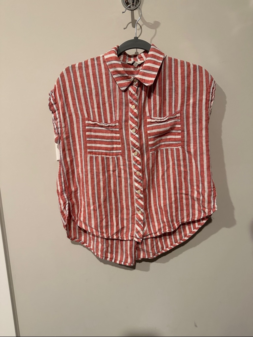 Striped Red Button-Front Cap-Sleeve Top - Picture 2 of 4